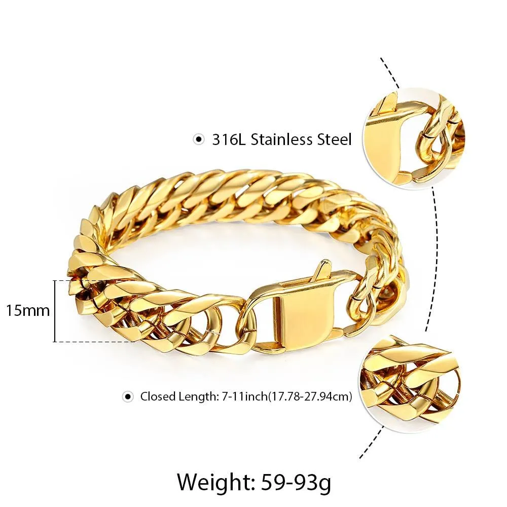 10mm 15mm Gold Black 316L Stainless Steel Bracelet for Men