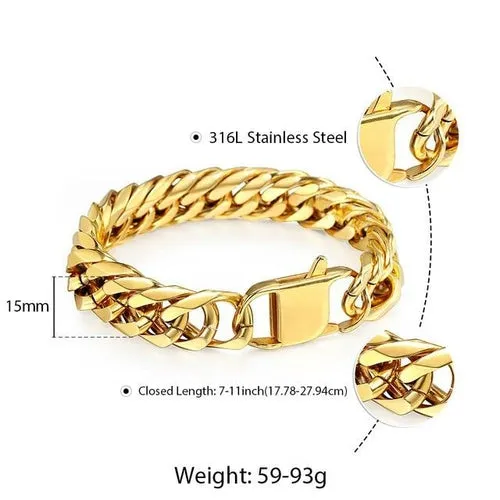 10mm 15mm Gold Black 316L Stainless Steel Bracelet for Men