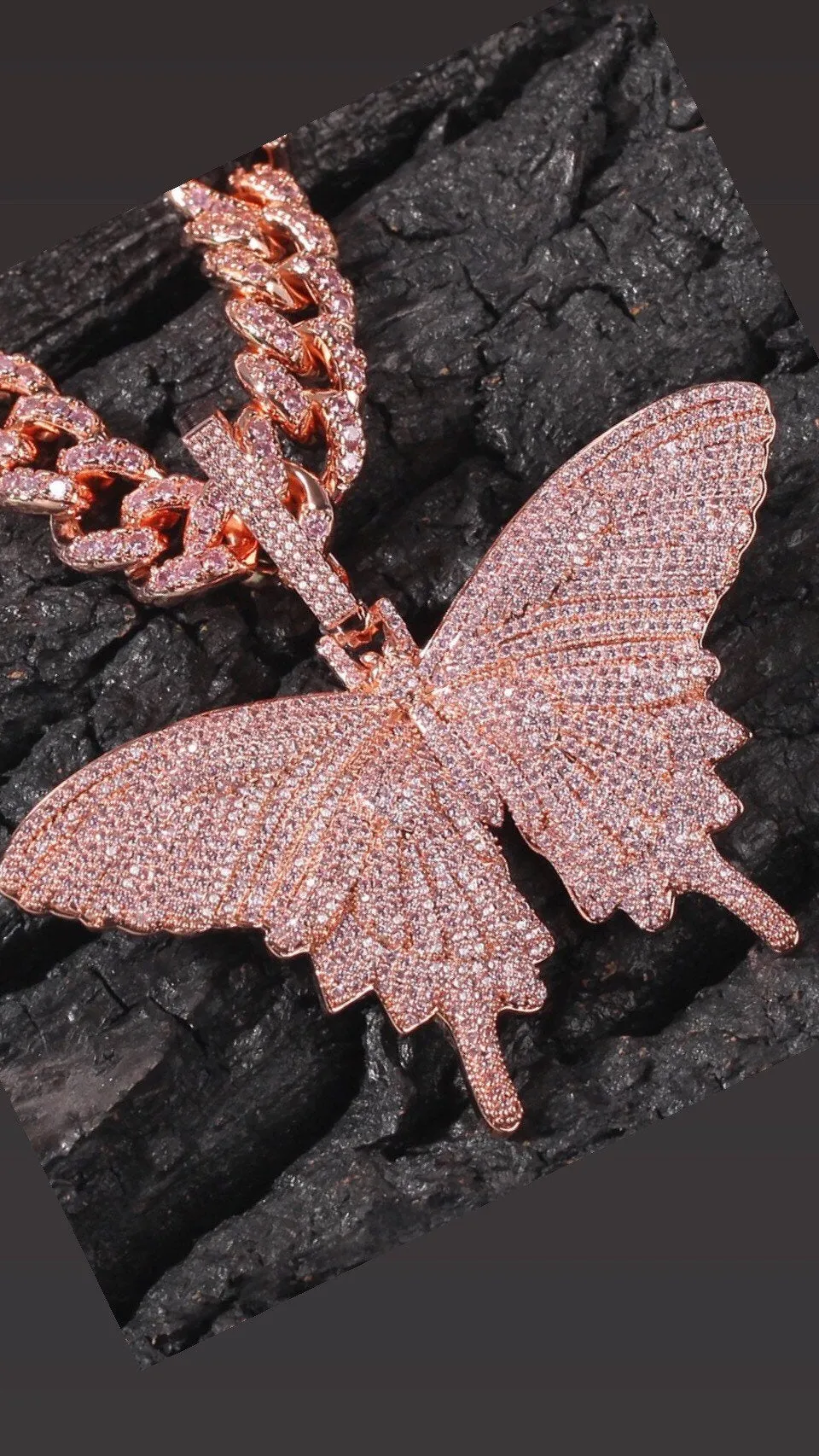 12mm Pink butterfly and rose gold  miami cuban link chain
