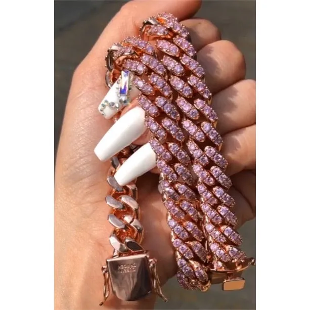 12mm Pink butterfly and rose gold  miami cuban link chain