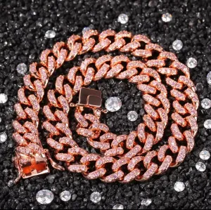12mm Pink butterfly and rose gold  miami cuban link chain