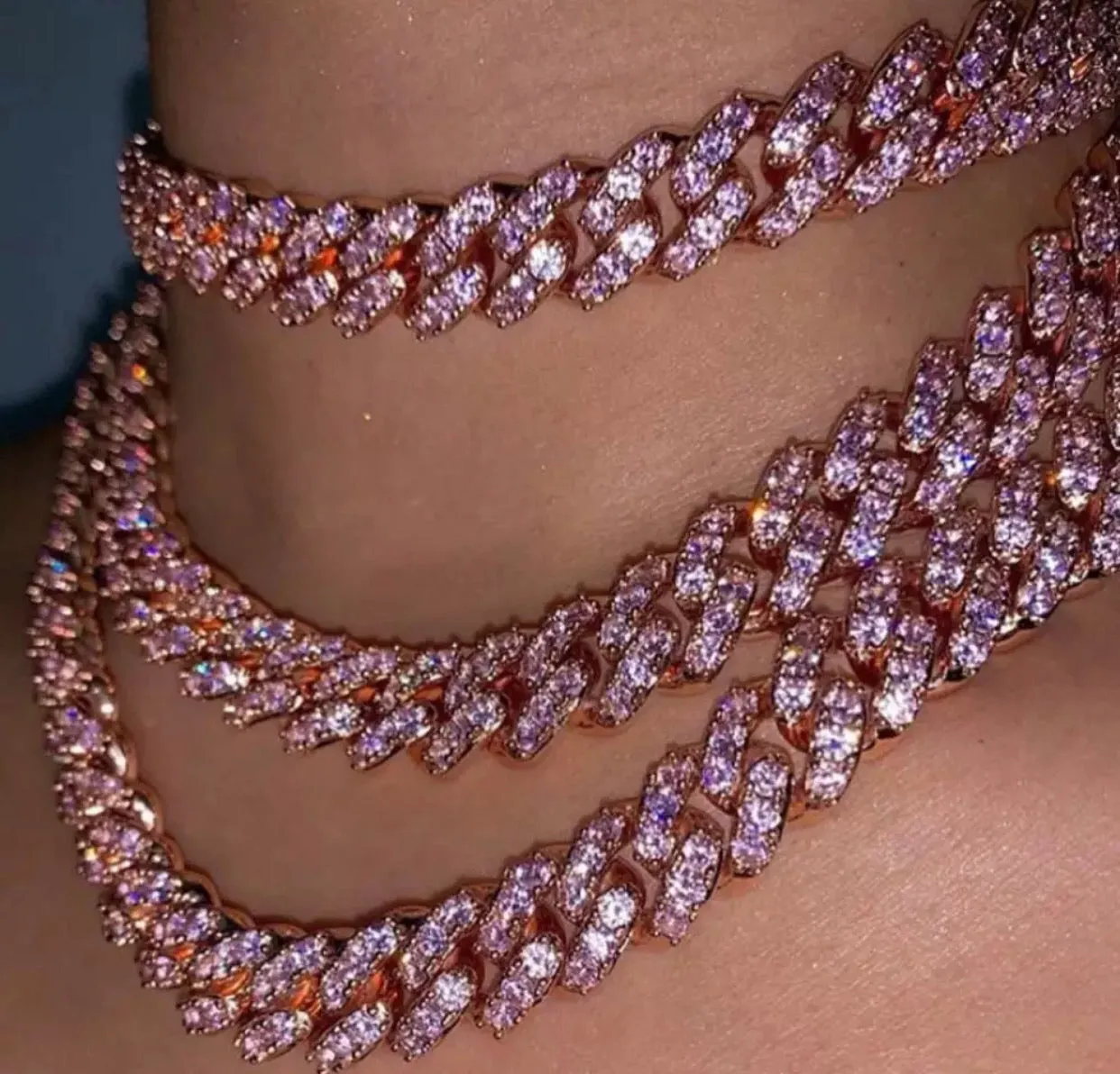 12mm Pink butterfly and rose gold  miami cuban link chain