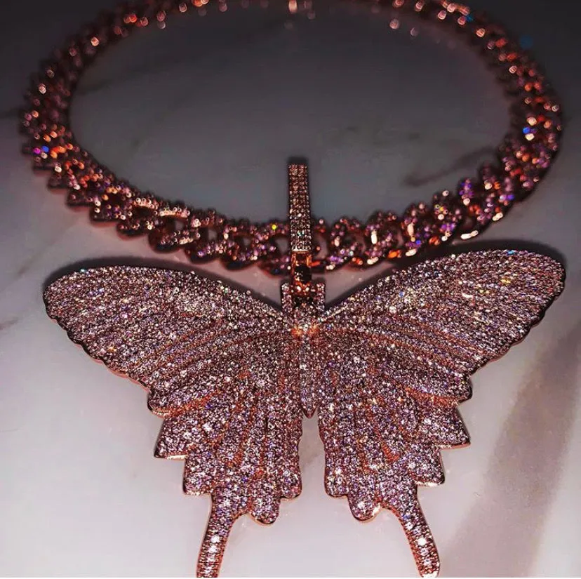 12mm Pink butterfly and rose gold  miami cuban link chain