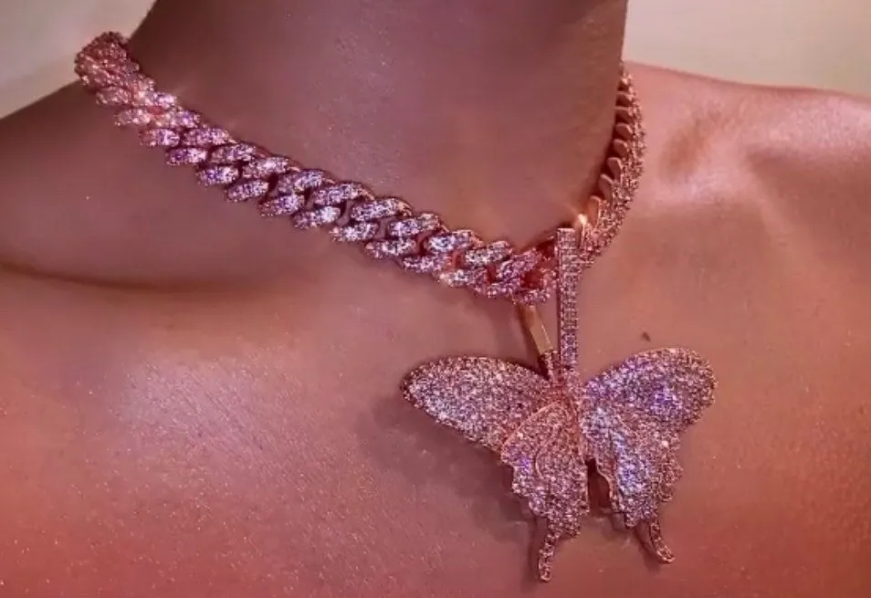 12mm Pink butterfly and rose gold  miami cuban link chain