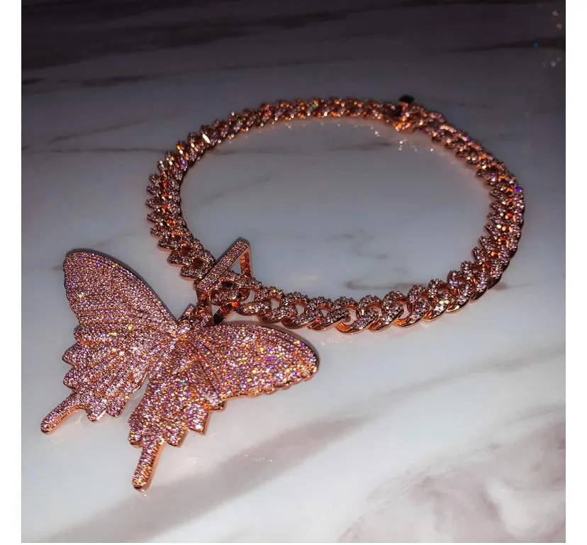 12mm Pink butterfly and rose gold  miami cuban link chain