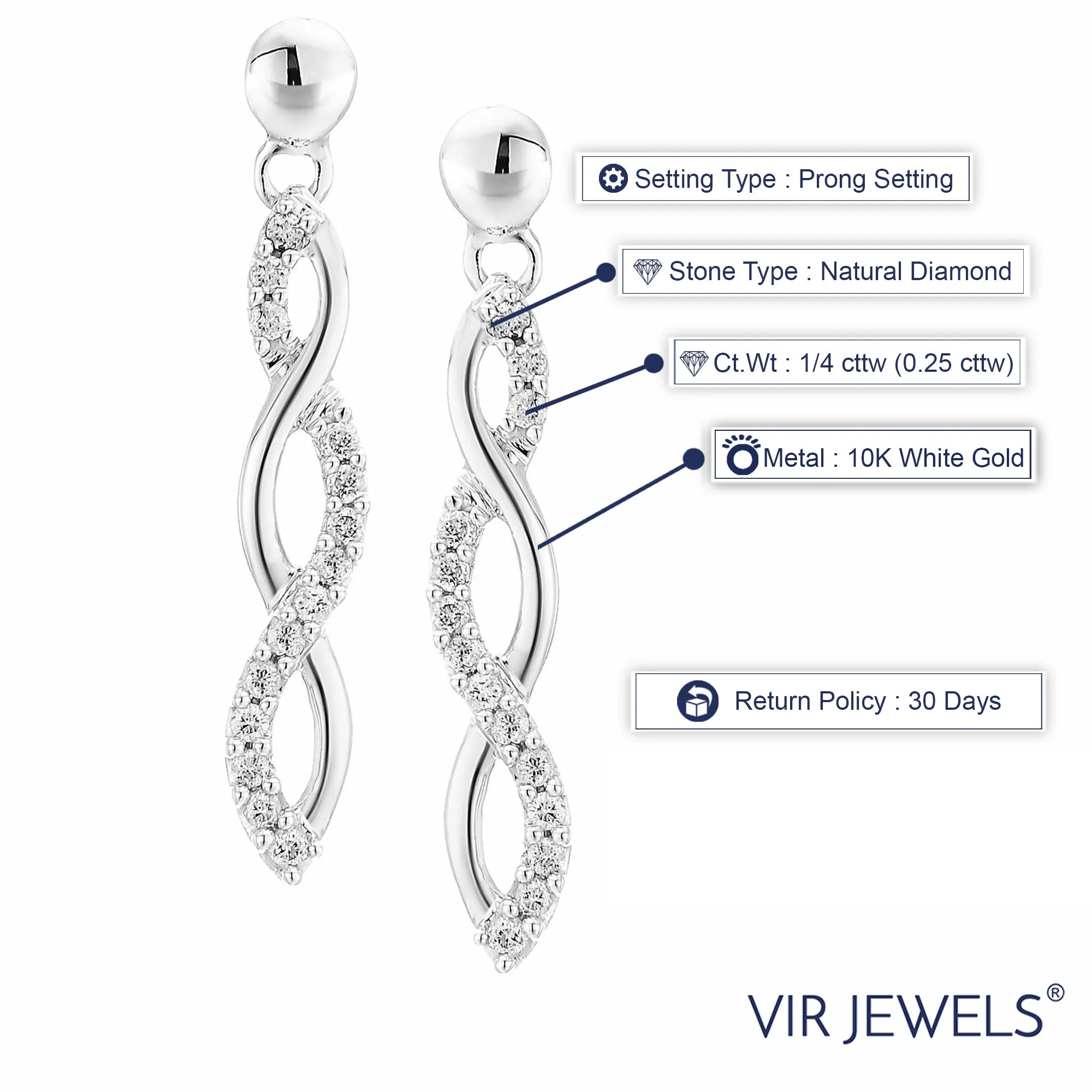 1/4 cttw Diamond Twisted infinity Dangle Earrings in 10K White Gold