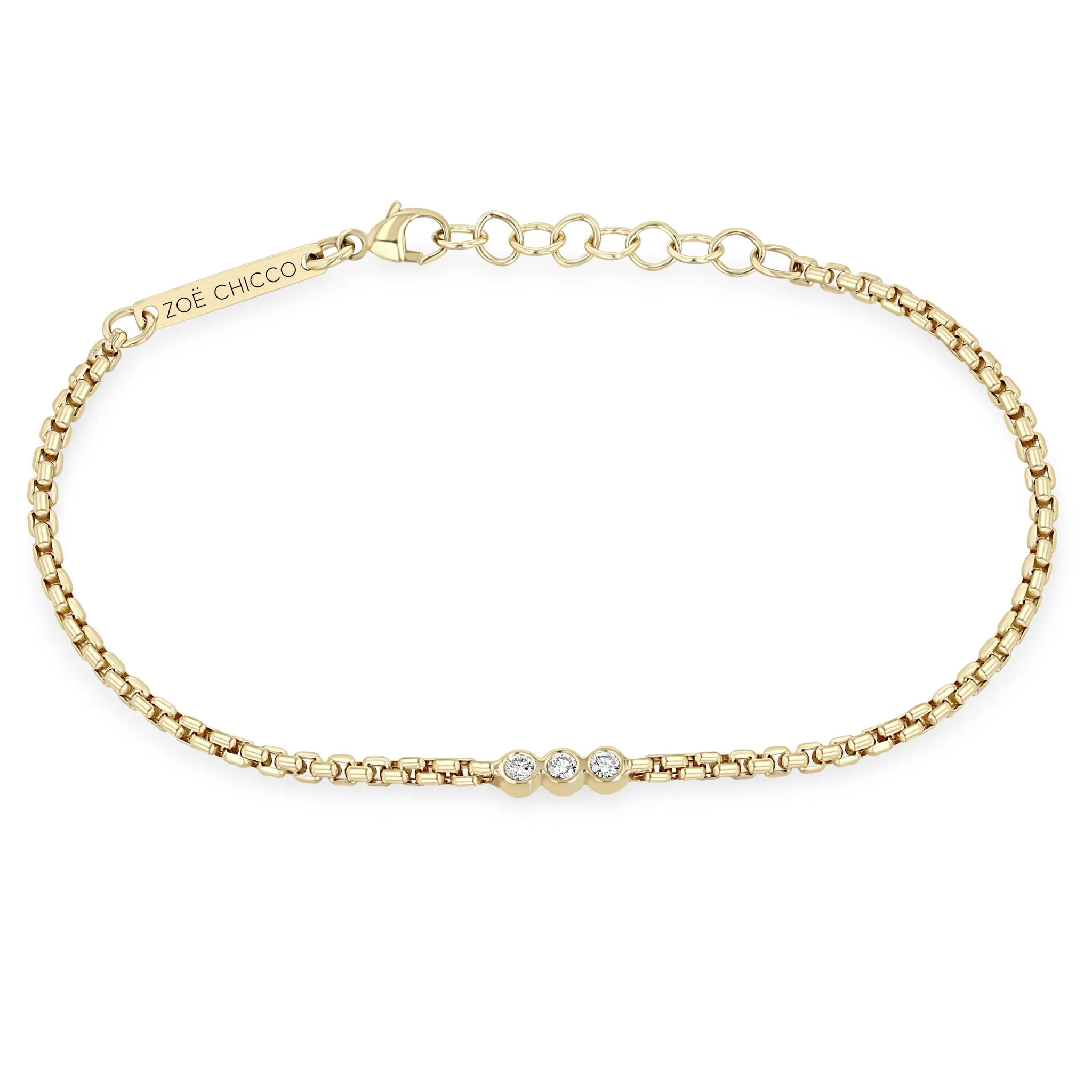14k 3 Diamond Bezel Small Box Chain Bracelet