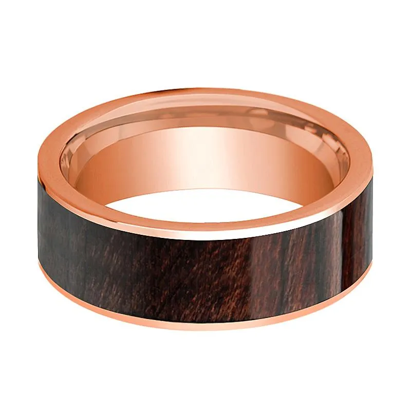 14k Rose Gold Flat Men's Wedding Band with Bubinga Wood Inlay - 8MM