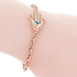 14k Rose Gold Hamsa Hand of Fatima Charm Bracelet with Turquoise 7.5" 10.5 grams