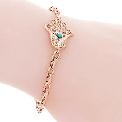 14k Rose Gold Hamsa Hand of Fatima Charm Bracelet with Turquoise 7.5" 10.5 grams