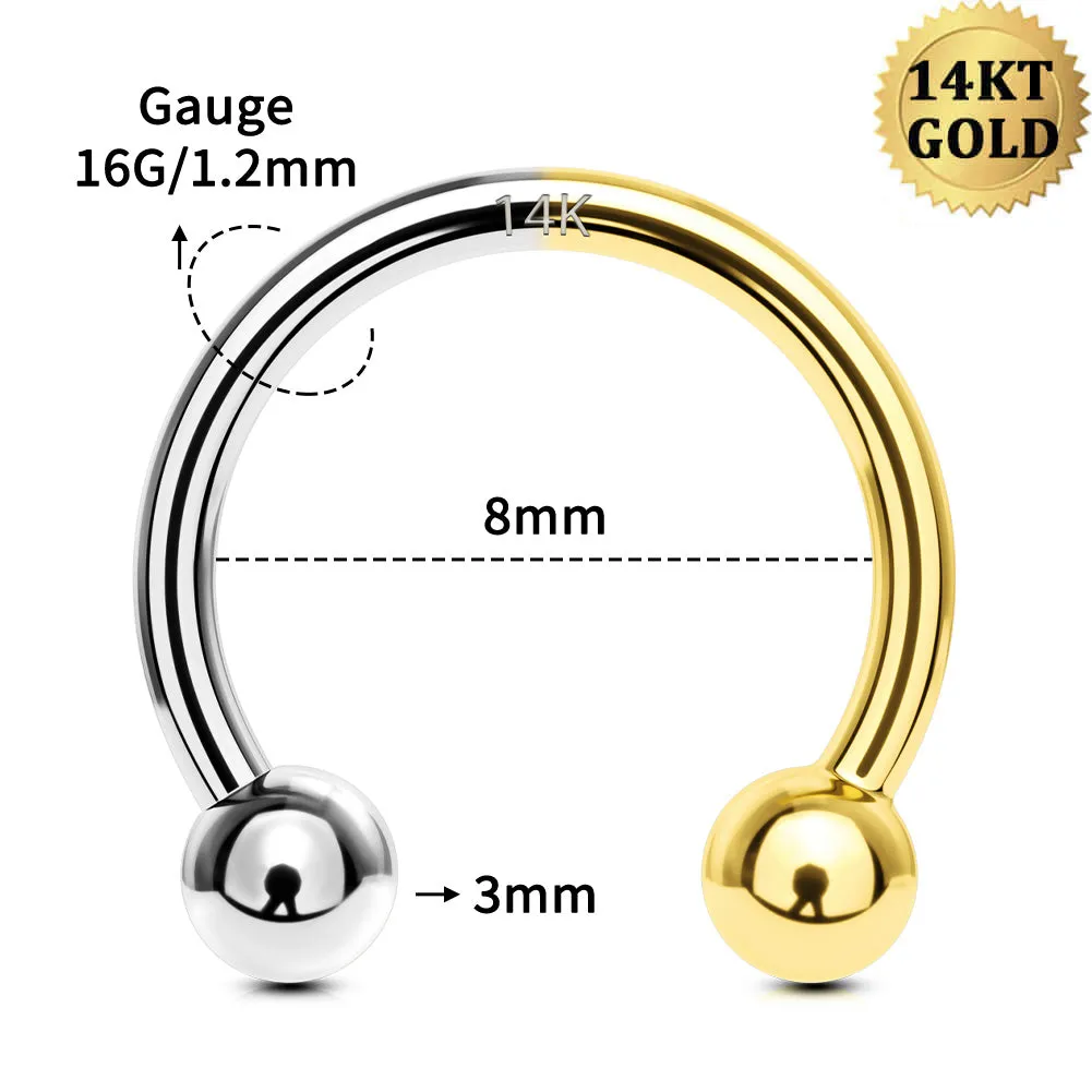 14K White and Yellow Gold 16G Internally Threaded Horseshoe Septum Jewelry