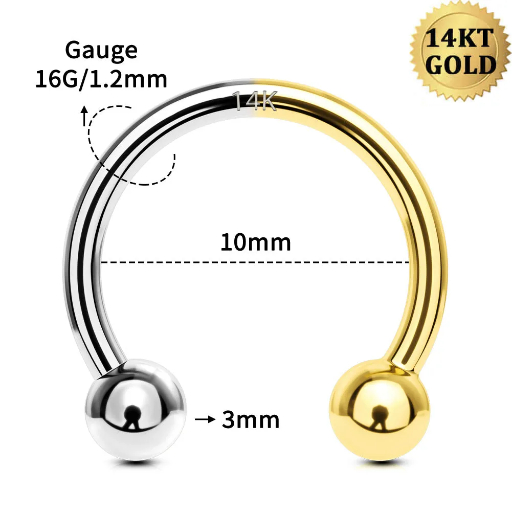 14K White and Yellow Gold 16G Internally Threaded Horseshoe Septum Jewelry