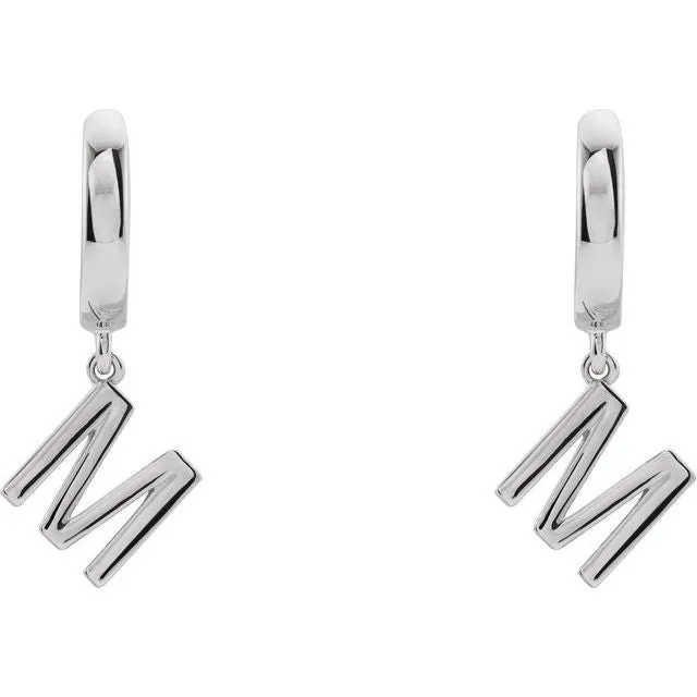 14K White Gold Initial M Hinged Huggie Earring
