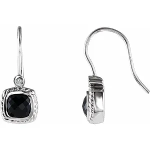 14K White Gold Onyx & .03 CT Diamond Rope Design Earrings