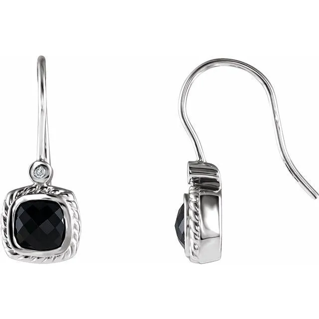 14K White Gold Onyx & .03 CT Diamond Rope Design Earrings