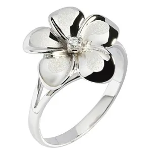14K White Gold Plumeria Ring with CZ Sandblast Polish Edge 15mm