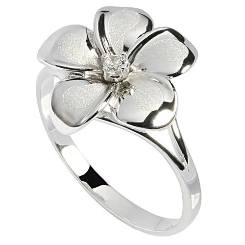 14K White Gold Plumeria Ring with CZ Sandblast Polish Edge 15mm
