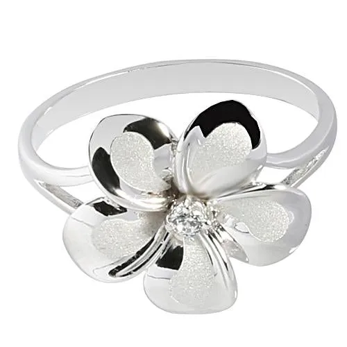 14K White Gold Plumeria Ring with CZ Sandblast Polish Edge 15mm
