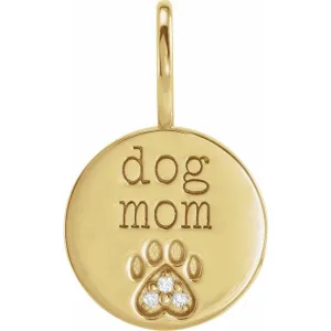 14K Yellow Gold .01 CTW Natural Diamond Engraved Dog Mom Paw Print Charm/Pendant