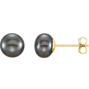 14K Yellow Gold 6-7 mm Cultured Black Freshwater Pearl Earrings
