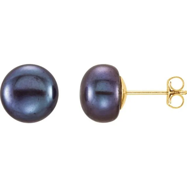 14K Yellow Gold 8-9 mm Cultured Black Freshwater Pearl Earrings