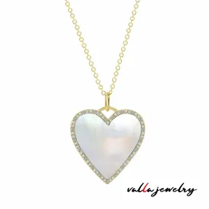 14k Yellow Gold Mother of Pearl Heart with Diamonds Necklace V0217