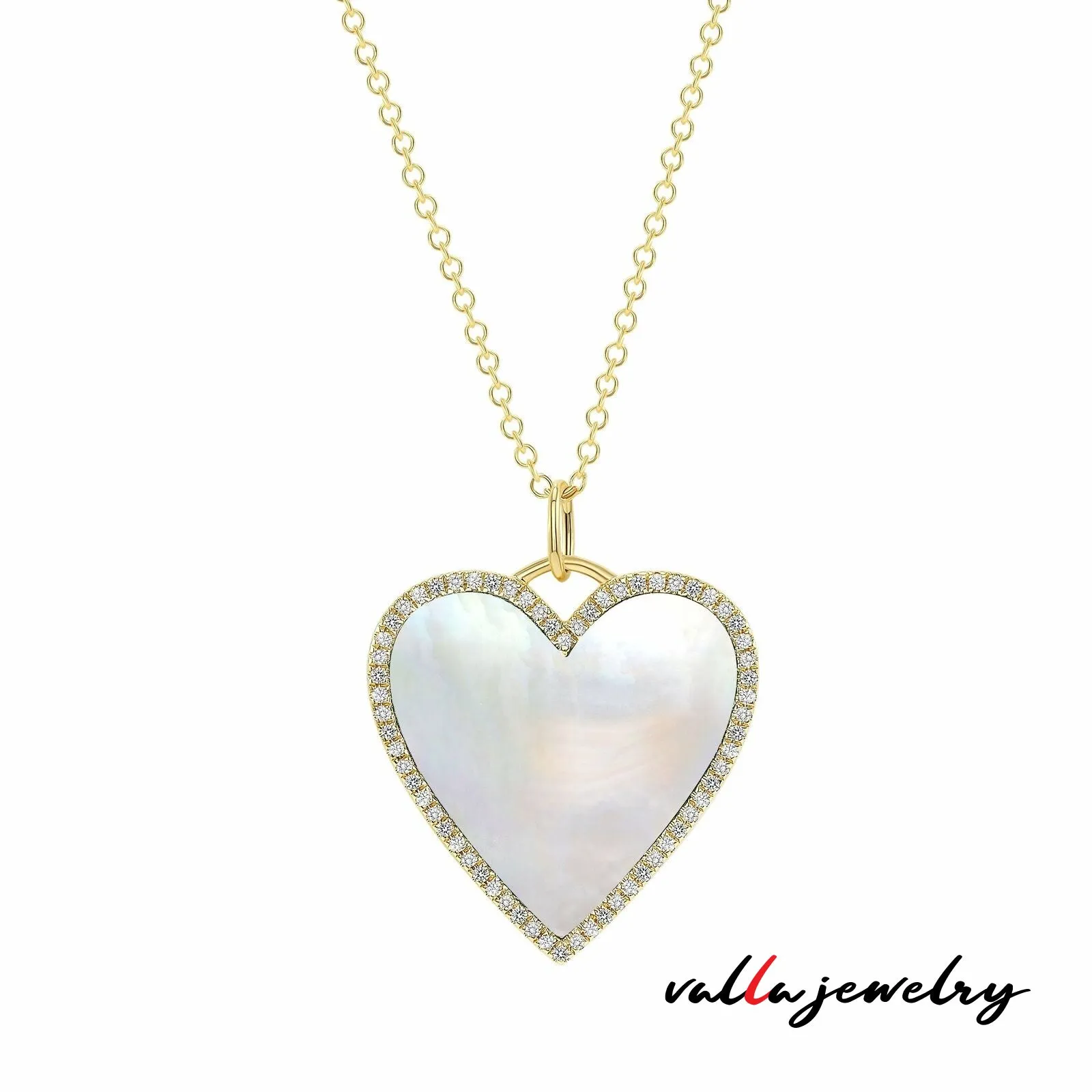 14k Yellow Gold Mother of Pearl Heart with Diamonds Necklace V0217