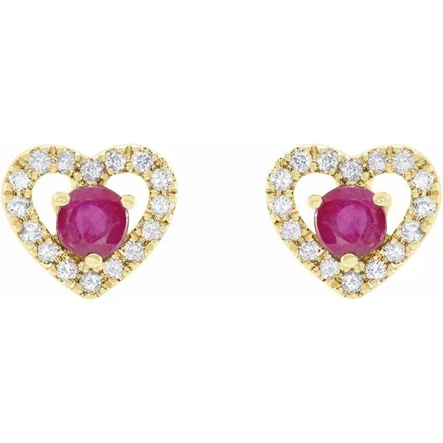 14K Yellow Gold Natural Ruby & 1/10 CTW Natural Diamond Heart Earrings