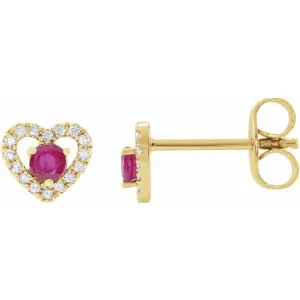 14K Yellow Gold Natural Ruby & 1/10 CTW Natural Diamond Heart Earrings