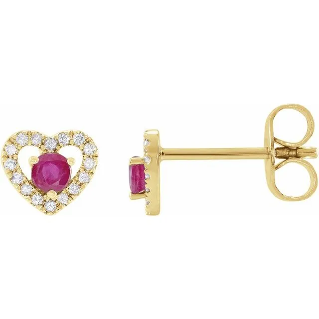 14K Yellow Gold Natural Ruby & 1/10 CTW Natural Diamond Heart Earrings