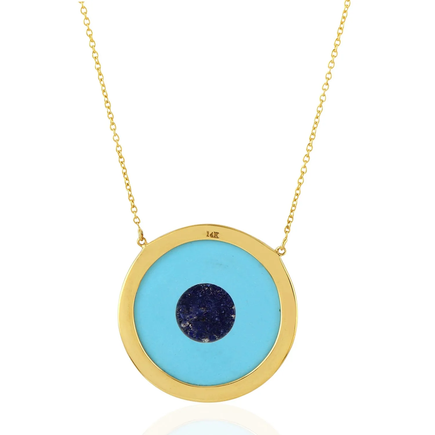 14k Yellow Gold Turquoise Lapis Evil Eye Charm Necklace For Women