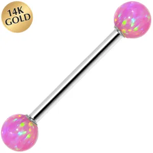 14kt White Gold 5mm Pink Synthetic Opal Barbell Tongue Ring 14 Gauge 5/8