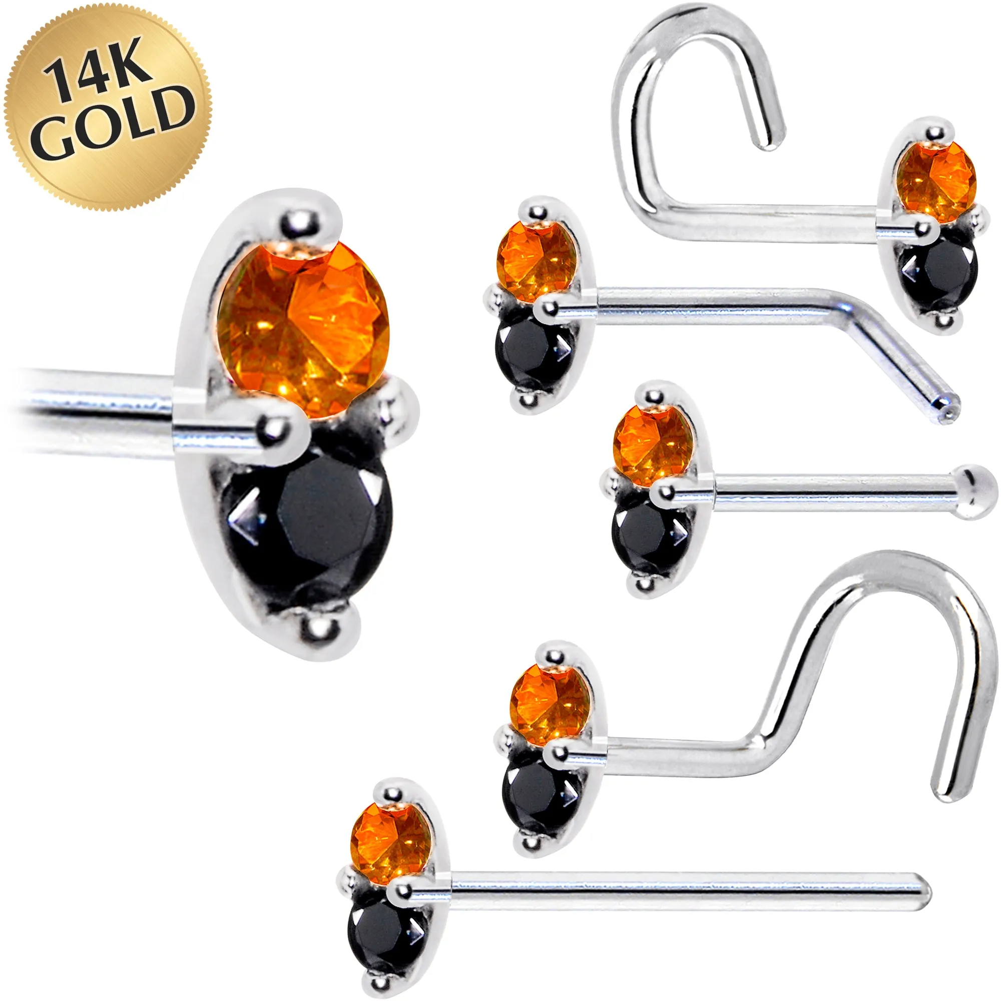 14kt White Gold Black Orange 1.5mm CZ Marquise Nose Ring