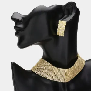 15 Row Rhinestone Choker Necklace Set on Gold | Homecoming Jewelry |  360295