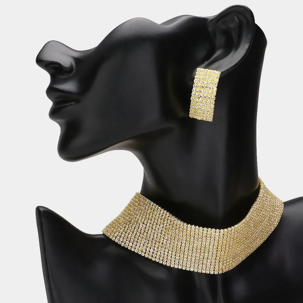 15 Row Rhinestone Choker Necklace Set on Gold | Homecoming Jewelry |  360295
