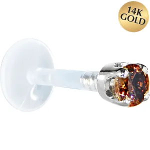 16 Gauge 5/16 Solid 14KT White Gold 3mm Brown Cubic Zirconia Bioplast Tragus Earring Stud