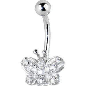 16 Gauge Solid 14kt White Gold Cubic Zirconia Butterfly Dreams Belly Ring