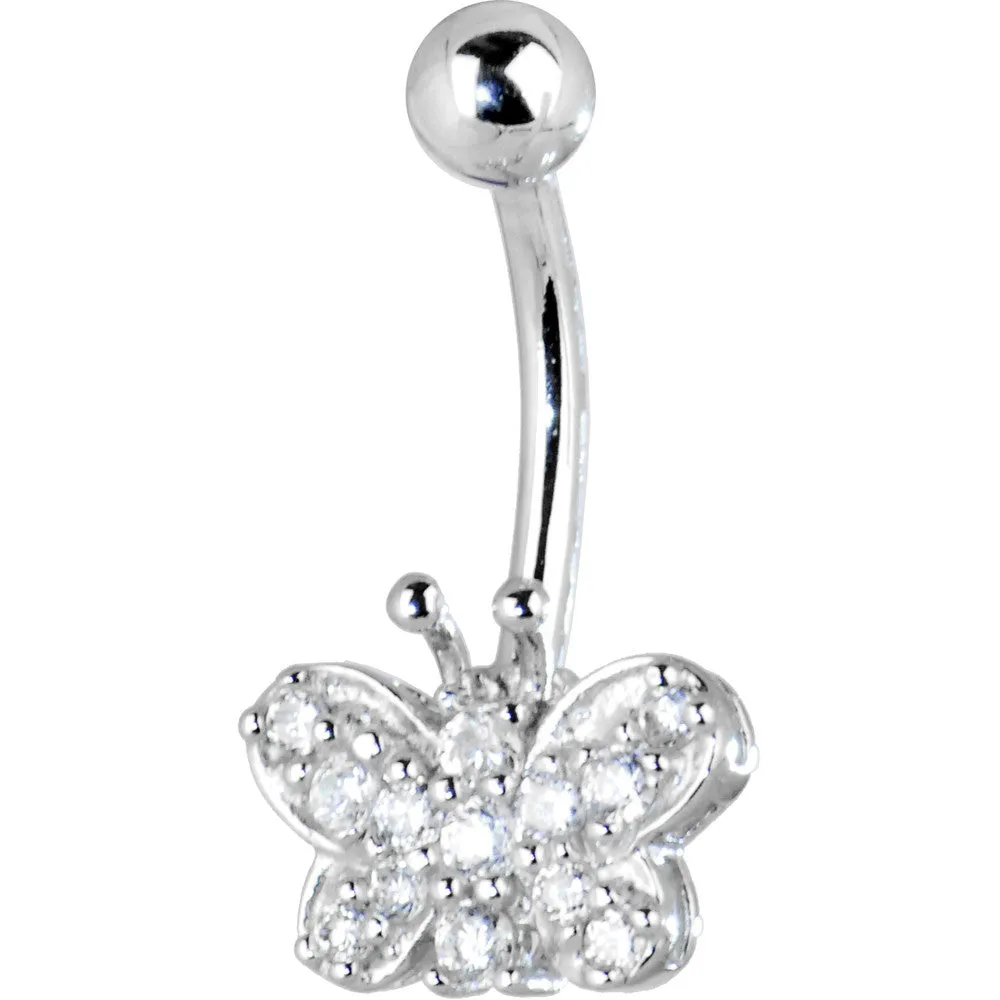 16 Gauge Solid 14kt White Gold Cubic Zirconia Butterfly Dreams Belly Ring