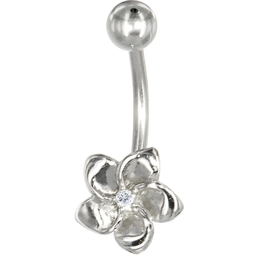 16 Gauge Solid 14KT White Gold Cubic Zirconia FLOWER Belly Ring