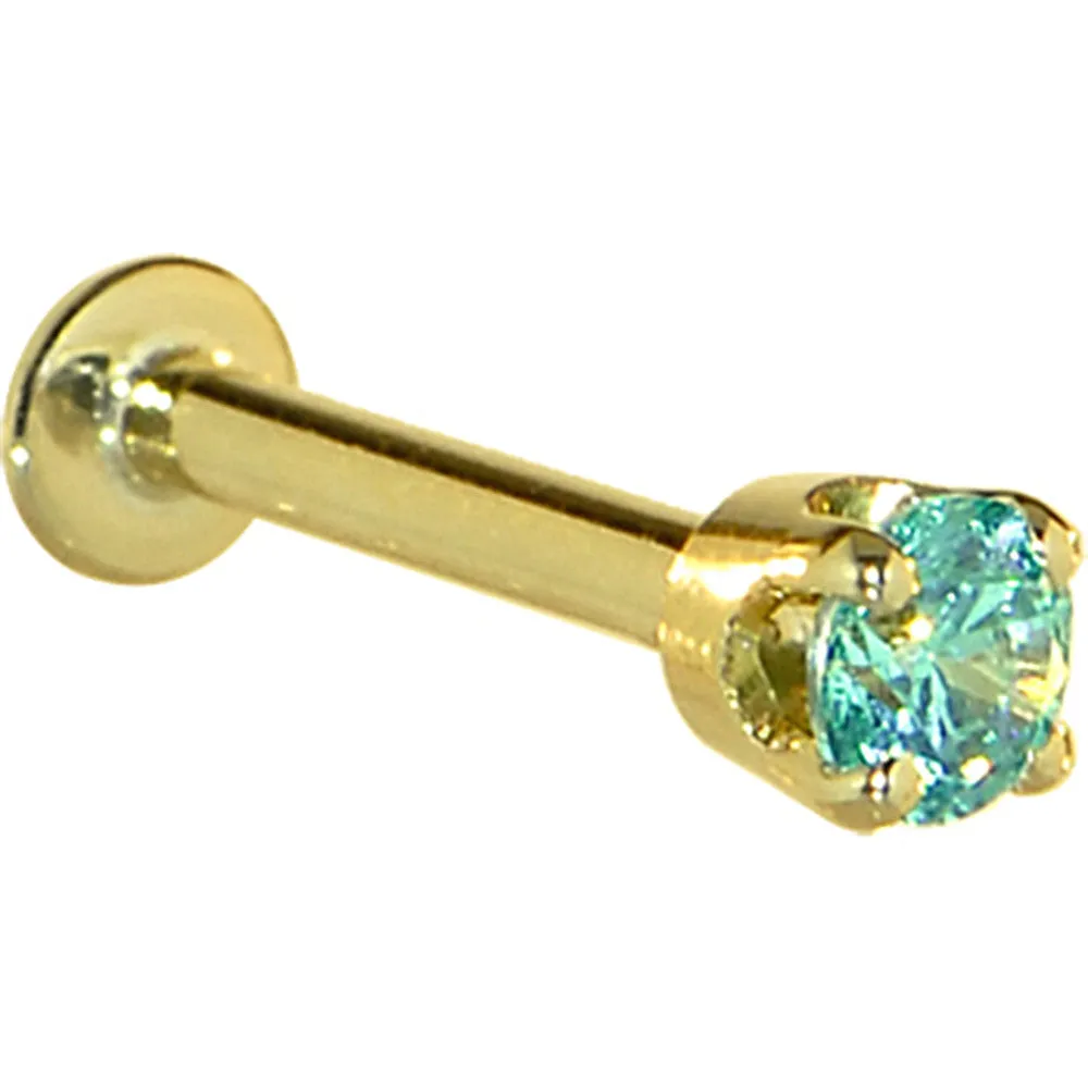 16 Gauge Solid 14KT Yellow Gold 3mm Mint Green Cubic Zirconia Tragus Earring Stud