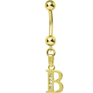 16 Gauge Solid 14kt Yellow Gold CZ Initial B Belly Ring