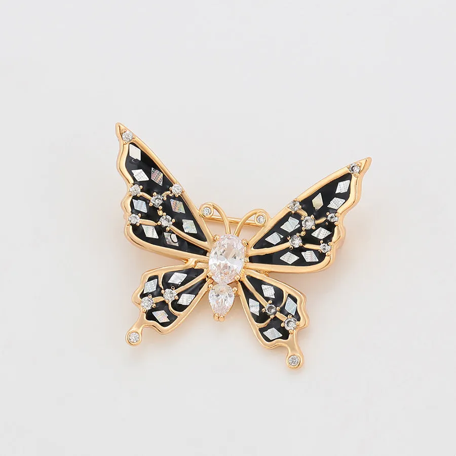 18K Gold Plated Cz Diamond Black & Gold Butterfly Brooch