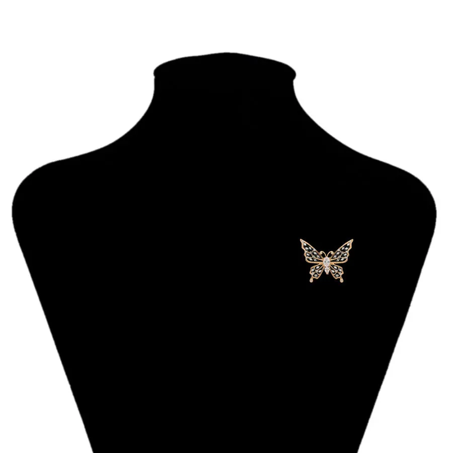 18K Gold Plated Cz Diamond Black & Gold Butterfly Brooch