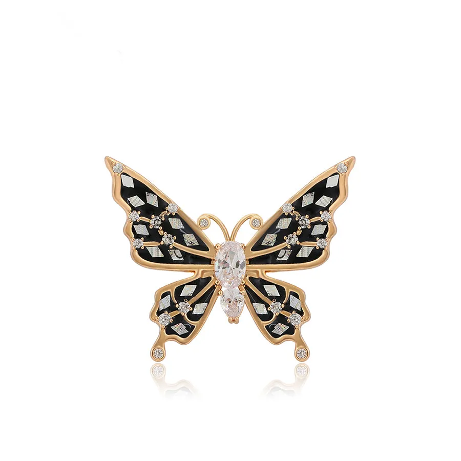18K Gold Plated Cz Diamond Black & Gold Butterfly Brooch