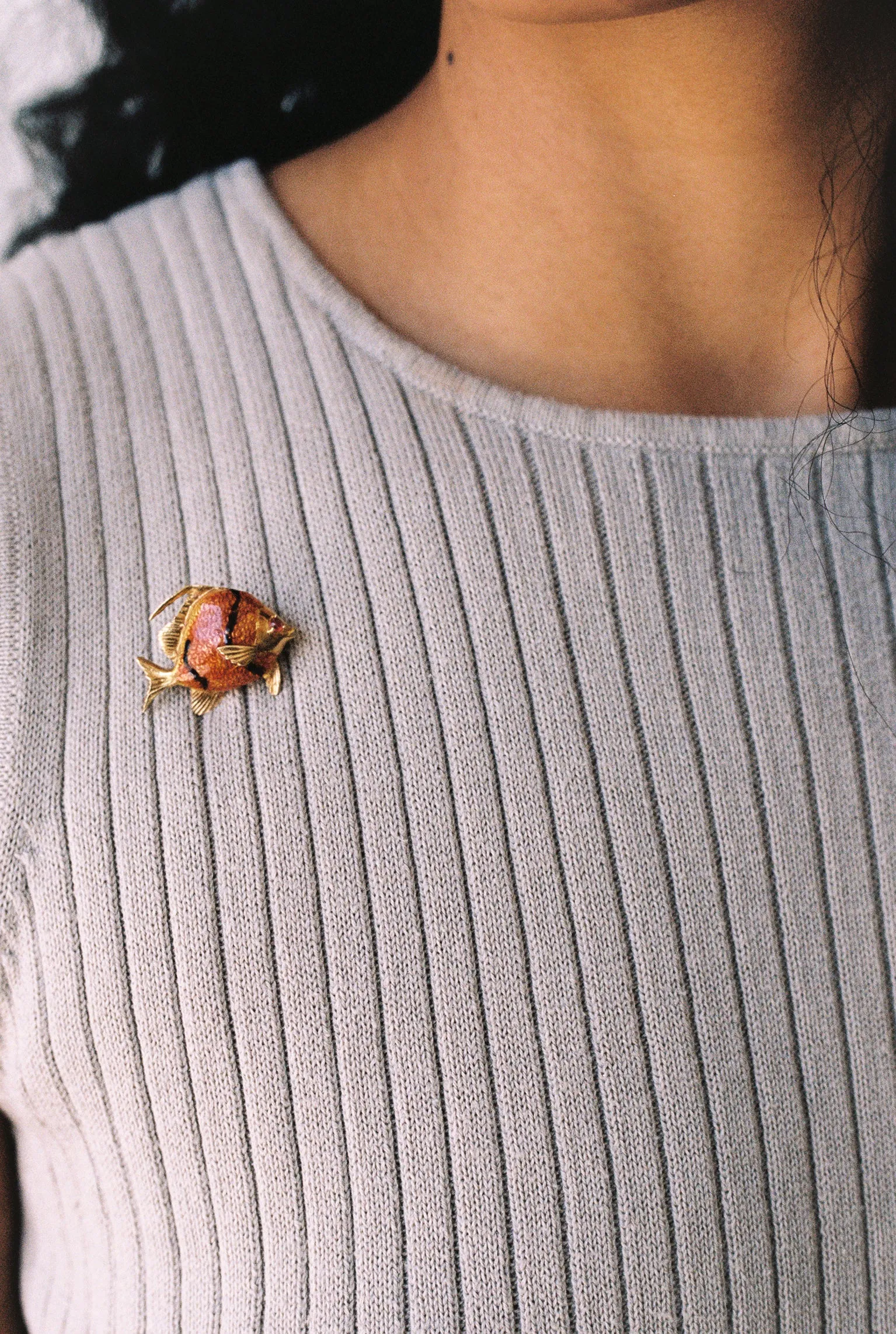 18k Gold Tropical Fish Brooch with Enamel Detail and Ruby Eye