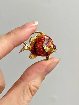 18k Gold Tropical Fish Brooch with Enamel Detail and Ruby Eye