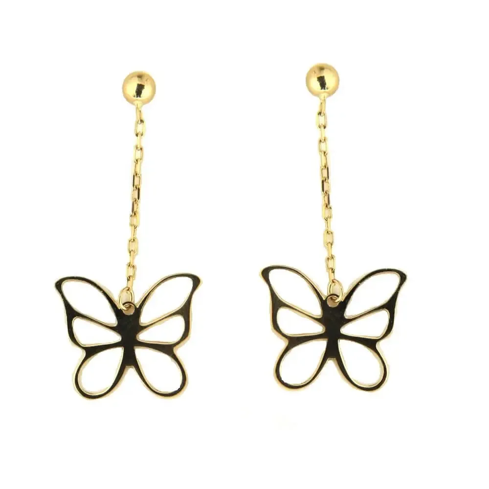 18K Yellow Gold Open Butterfly Dangle Post Earrings