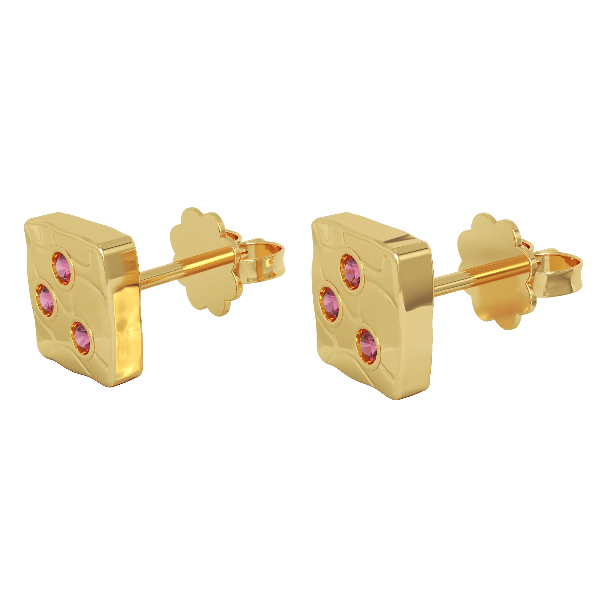 18K Yellow Gold Square Studs With Rubies
