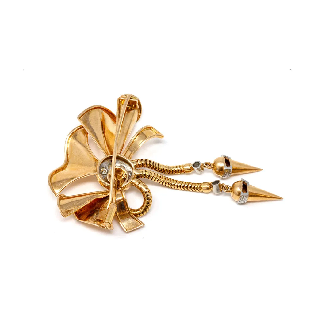 1940s Retro Diamond and Pink Gold Bow Brooch