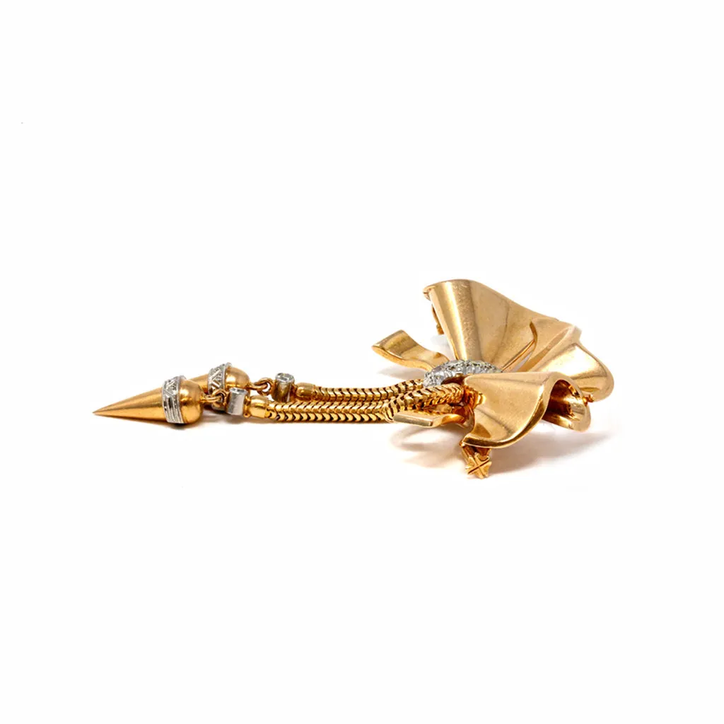 1940s Retro Diamond and Pink Gold Bow Brooch